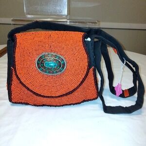 Iris Apfel & Bajalia Turquoise Coral Brass Orange Beaded Statement Purse